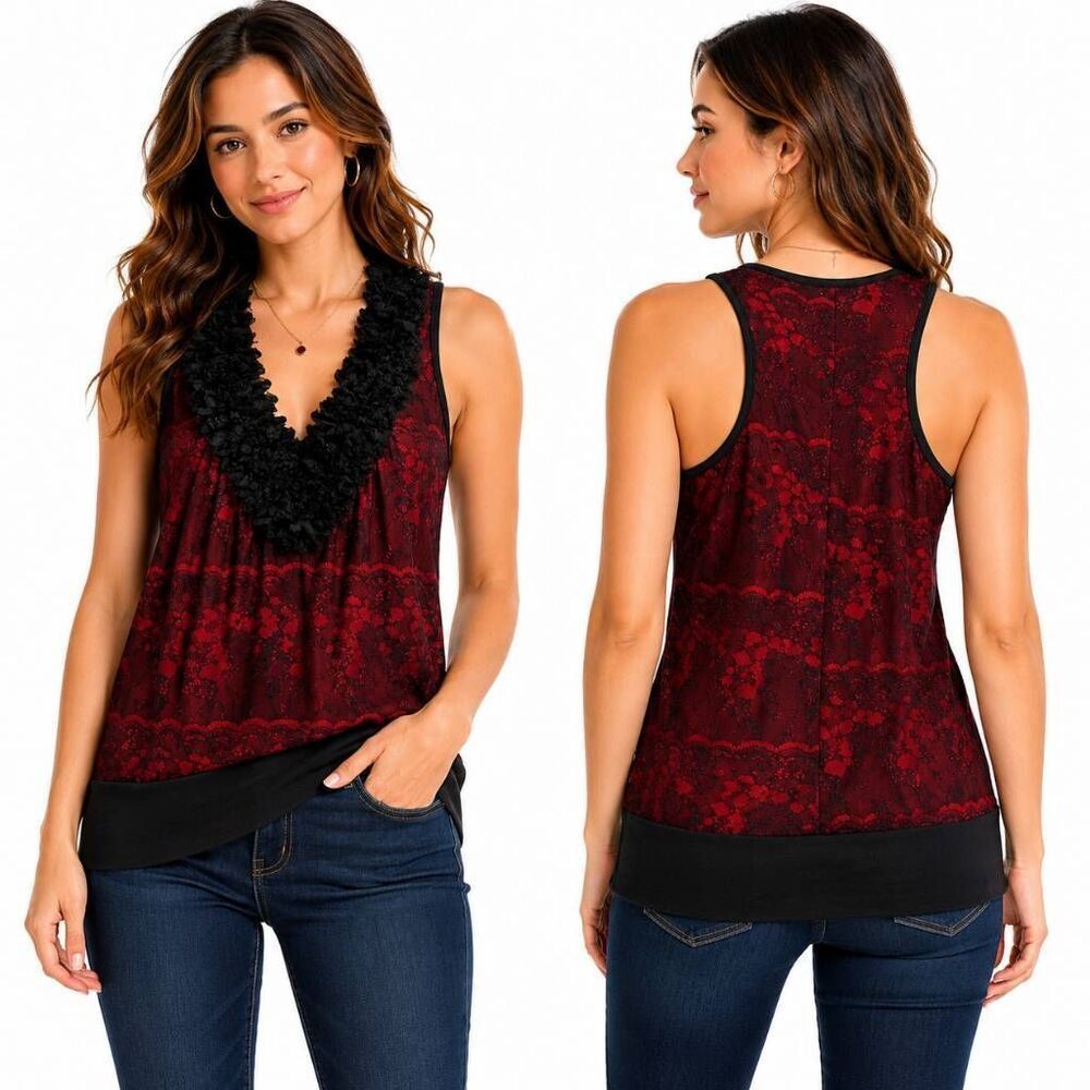 Daytrip Medium Red/Black Lace Sleeveless Top